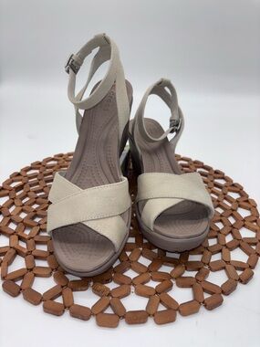 Crocs Women’s Leigh II Ankle Strap Wedge Sandal in Beige